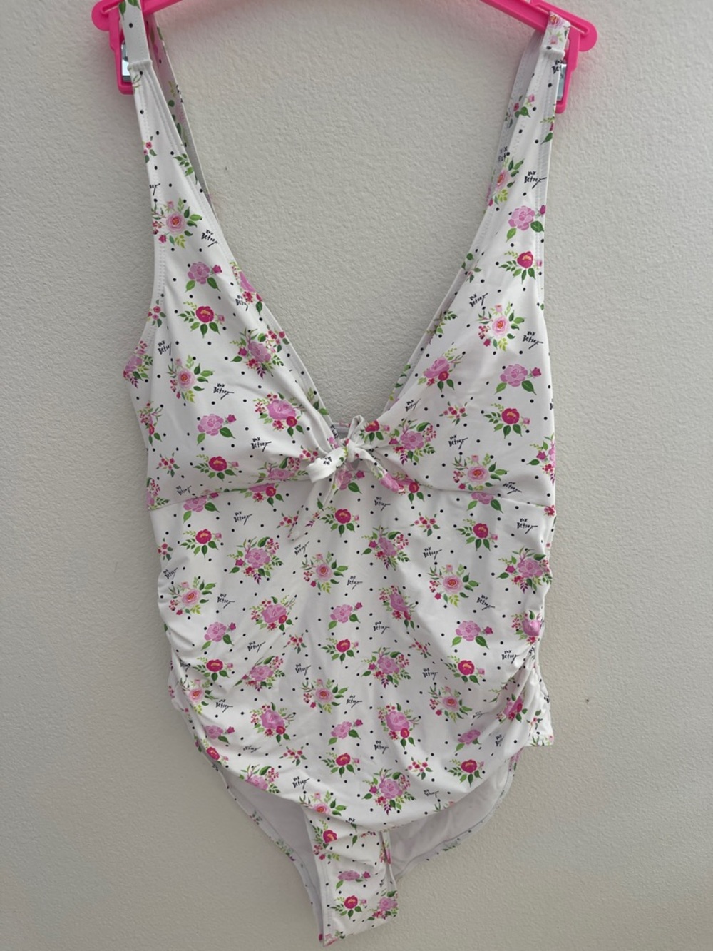 Betsey Johnson Polka Dot Bouquet Print One-Piece Swimsuit & Sarong Size Large